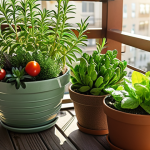 A vibrant balcony garden filled with herbs (rosemary, basil, mint), miniature vegetables (lettuce, cherry tomatoes), and succulents/cacti. Focus on the textures of the plants and the sunlight illuminating the scene. The image evokes a sense of urban nature and sustainable living.